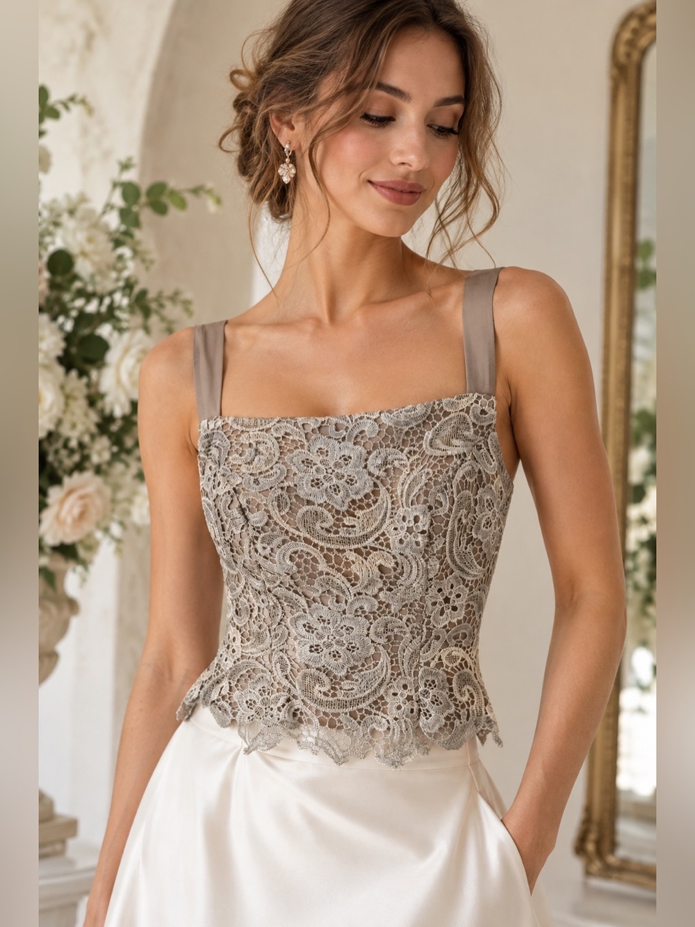 NWT Bridal Lace Bustier Corset Top Champagne Taupe Embroidered Wedding